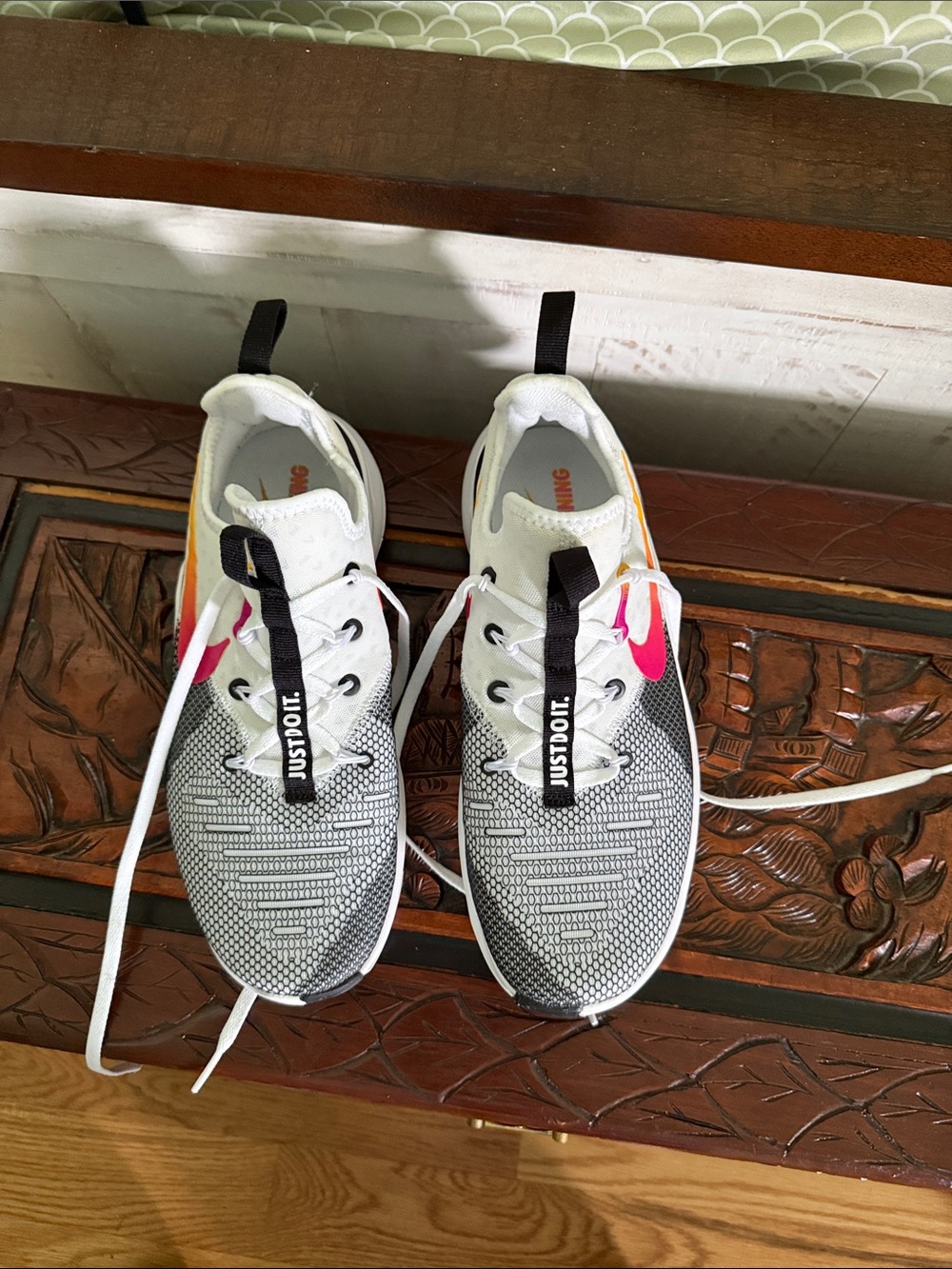Nike Women’s White Black Sneakers with Pink and Yellow Accents